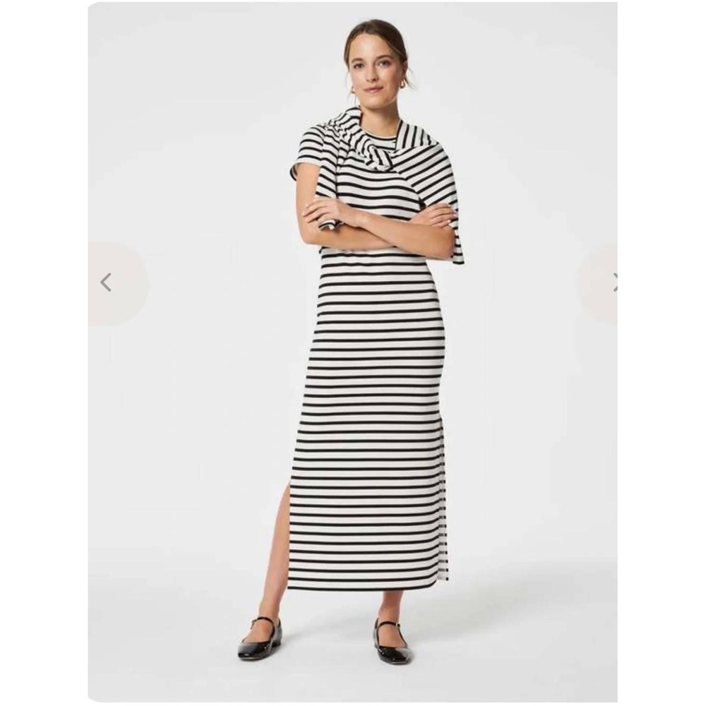 Spanx AirEssentials Side Slit Maxi Dress S Striped T-Shirt Travel Black White